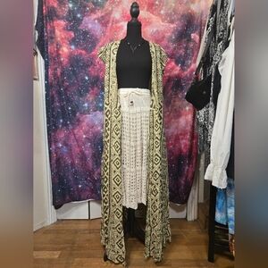 Boho Festival Burner S/M Wrap Maxi Dress Robe Duster Kimono Geometric Green